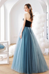 Blue Tulle Long A-Line Prom Dress, Lovely Strapless Evening Dress