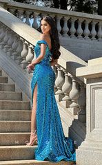 L0959 - Fully Sequined Off-Shuolder High Slit With Train Party Evening  Prom Dress