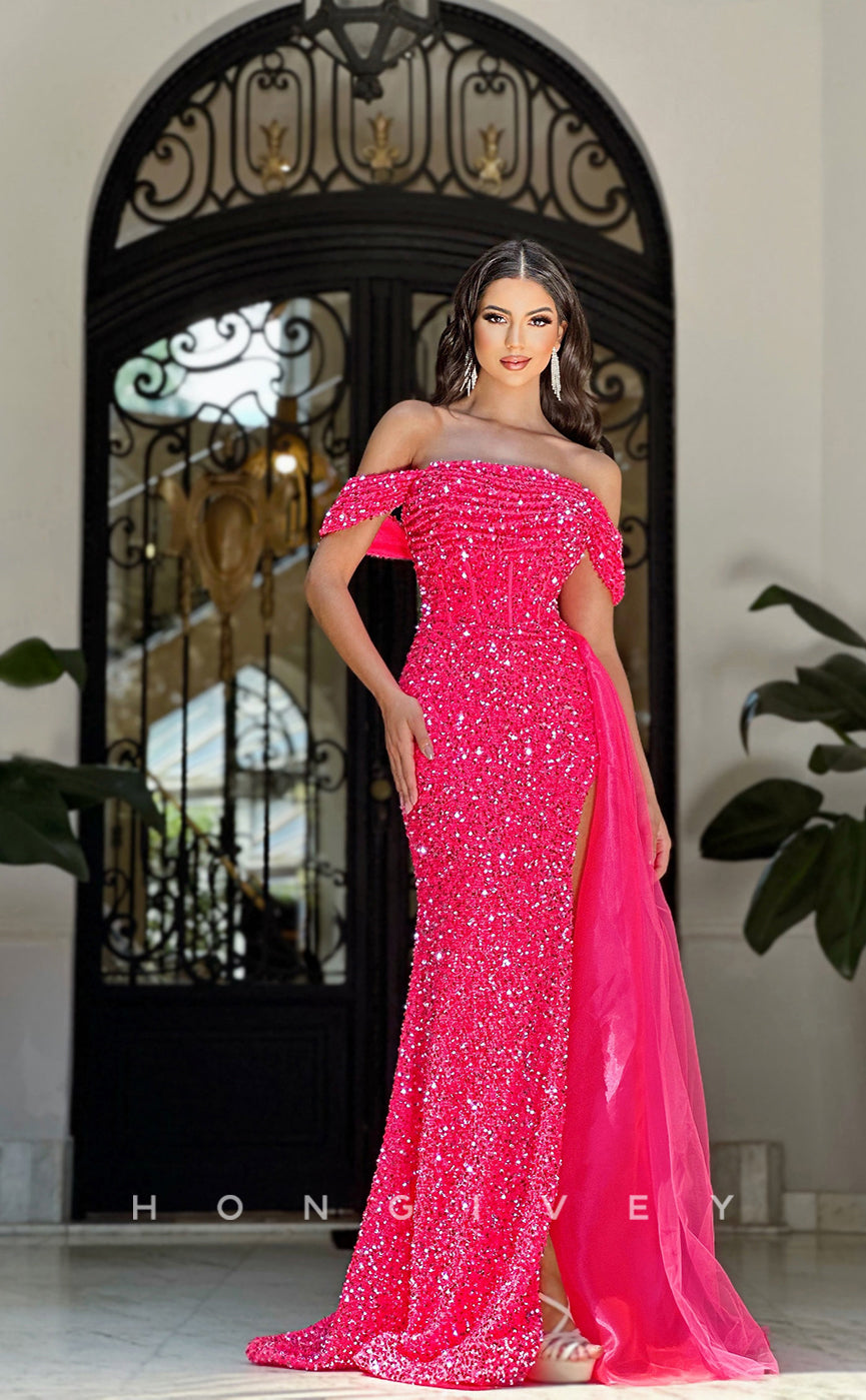 L0960 - Fully Beaded Off-Shuolder High Slit With Train Party Evening  Prom Dress