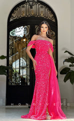L0960 - Fully Beaded Off-Shuolder High Slit With Train Party Evening  Prom Dress