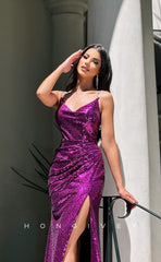 L0961 -  Fully Sequined V-Neck High Slit With Train Party Evening  Prom Dress