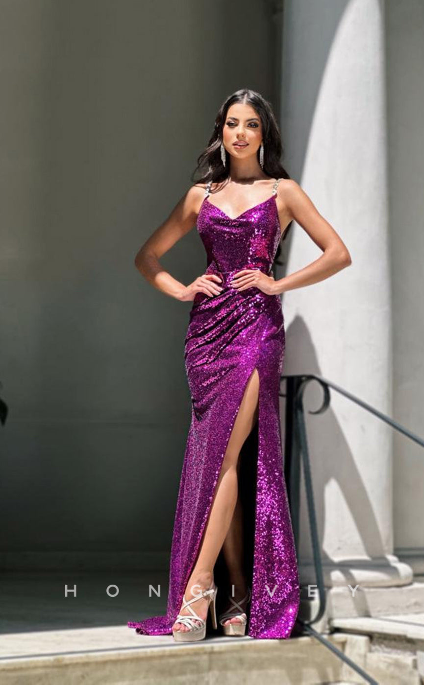 L0961 -  Fully Sequined V-Neck High Slit With Train Party Evening  Prom Dress