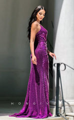 L0961 -  Fully Sequined V-Neck High Slit With Train Party Evening  Prom Dress