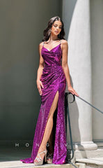 L0961 -  Fully Sequined V-Neck High Slit With Train Party Evening  Prom Dress