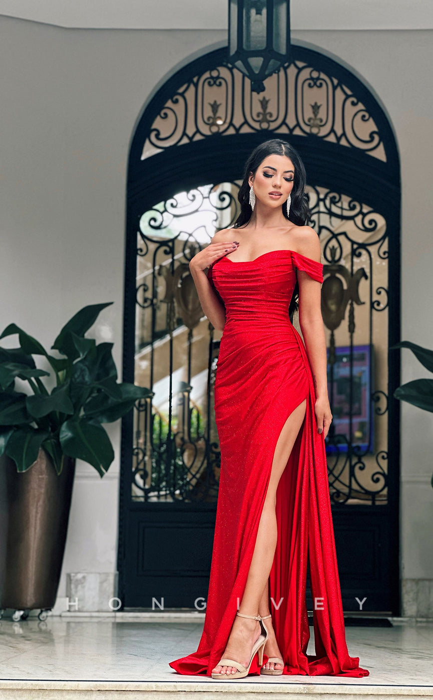 L0965 - Sparkly Off-Shuolder High Slit With Train Evening Party Prom Dress