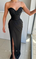 L0948 -Beaded Lace Satin Paneled Sleeveless With Slit Evening Party Prom Dress
