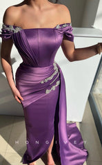 L0951 - Ornate Crystal Beaded Embellished With Train And Slit Evening Party Prom Dress