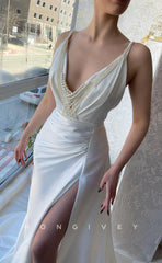 L0953 - Pearl Embellished Deep V-Neck With Slit And Train Party Evening Formal Dress