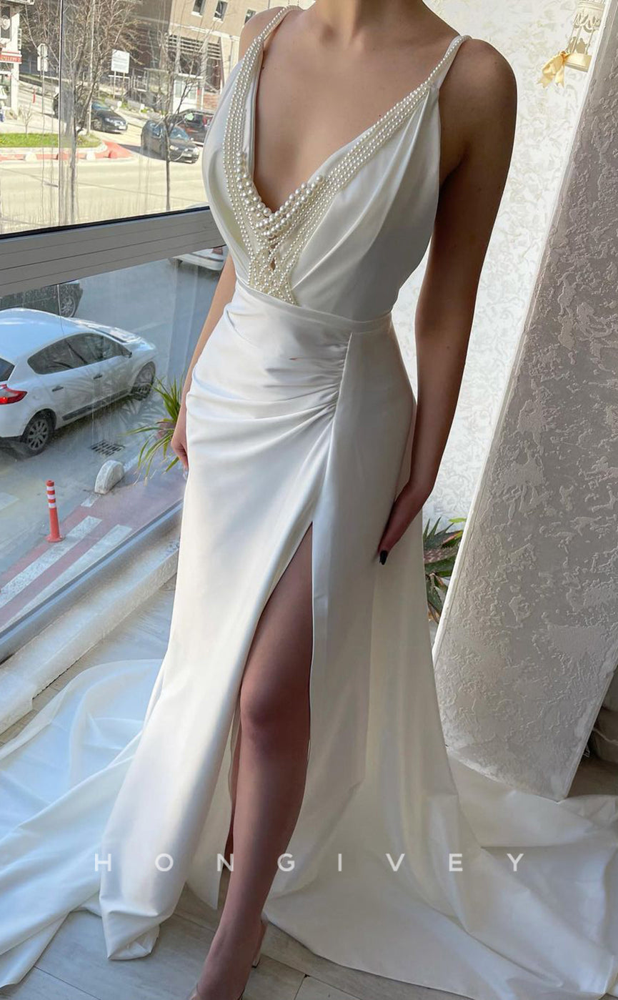 L0953 - Pearl Embellished Deep V-Neck With Slit And Train Party Evening Formal Dress