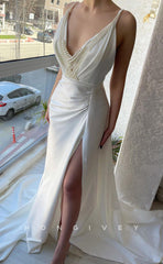 L0953 - Pearl Embellished Deep V-Neck With Slit And Train Party Evening Formal Dress