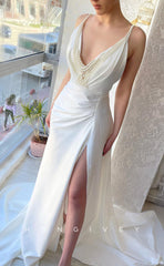 L0953 - Pearl Embellished Deep V-Neck With Slit And Train Party Evening Formal Dress