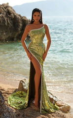 L0959 -Sparkly Fully Sequined Rhinestone With Train And High Slit Evening Party Prom Dress