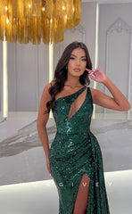 L0961-  Ornate Sparkly Fully Sequined Cutout With Train And Slit Evening Party Prom Formal Dress