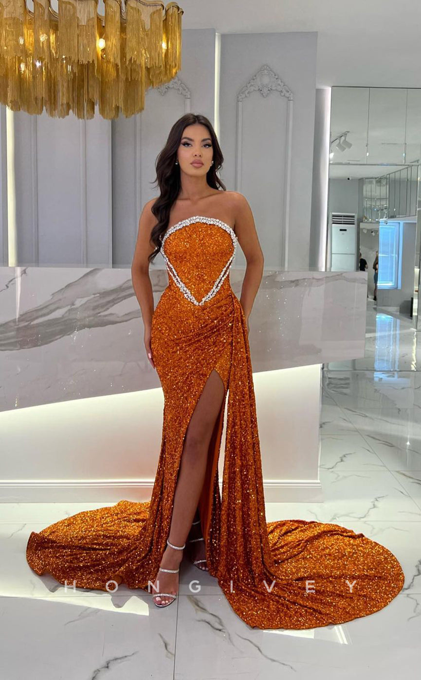 L0963 - Fully Sequined Rhinestone Embellished With Train And High Slit Formal Evening Party Prom Dress