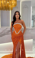 L0963 - Fully Sequined Rhinestone Embellished With Train And High Slit Formal Evening Party Prom Dress