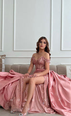 L1001 - Sparkly Crystal Beaded Illusion With Train And Slit  Party Prom Formal Evening Dress