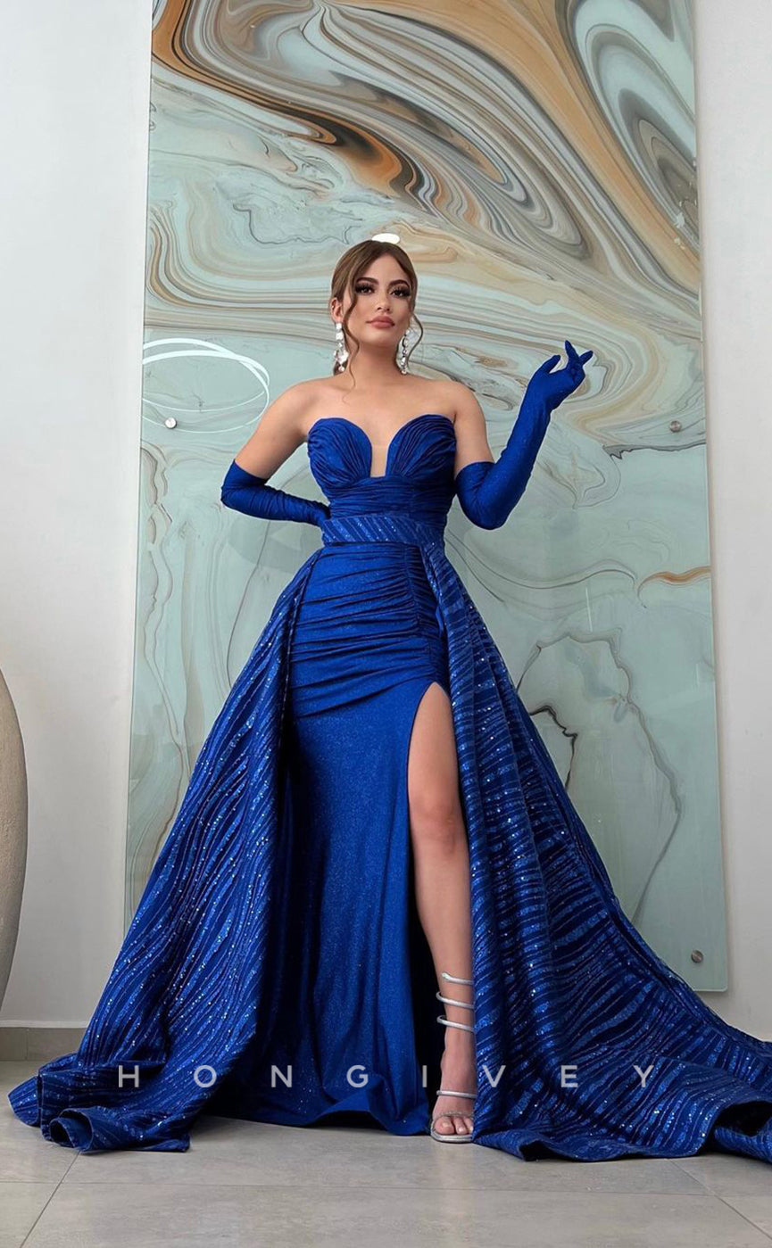 L1005 - Sparkly Sleeves With Train And Slit And Overskirt  Evening Prom Formal Party Dress