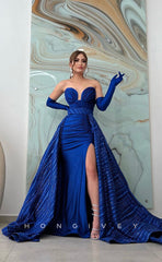 L1005 - Sparkly Sleeves With Train And Slit And Overskirt  Evening Prom Formal Party Dress