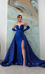 L1005 - Sparkly Sleeves With Train And Slit And Overskirt  Evening Prom Formal Party Dress