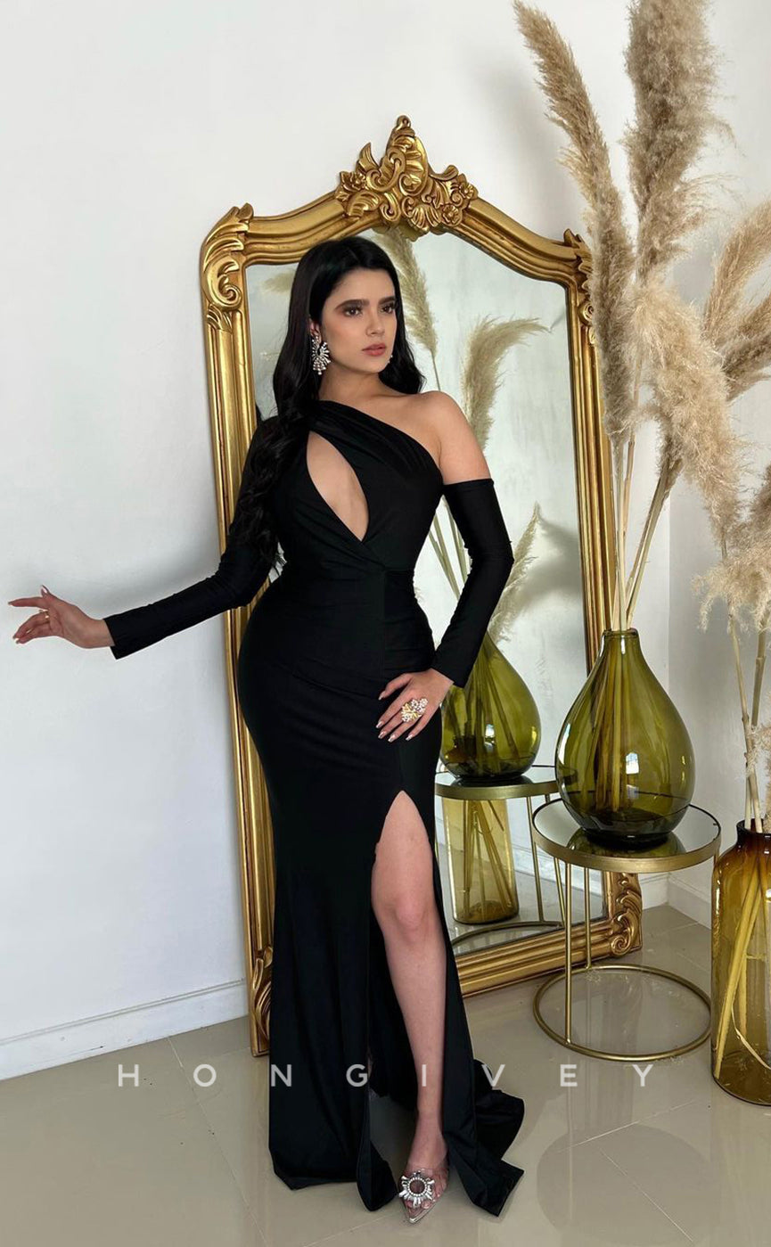 L1006 - Asymmetrical Sleeves Cutout With Train And Slit Evening Prom Formal Party Dress