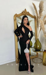 L1006 - Asymmetrical Sleeves Cutout With Train And Slit Evening Prom Formal Party Dress