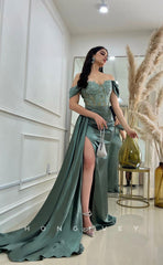 L1007 - Lace Embroidered Illusion With Train And Slit Evening Formal Party Prom Dress