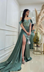 L1007 - Lace Embroidered Illusion With Train And Slit Evening Formal Party Prom Dress