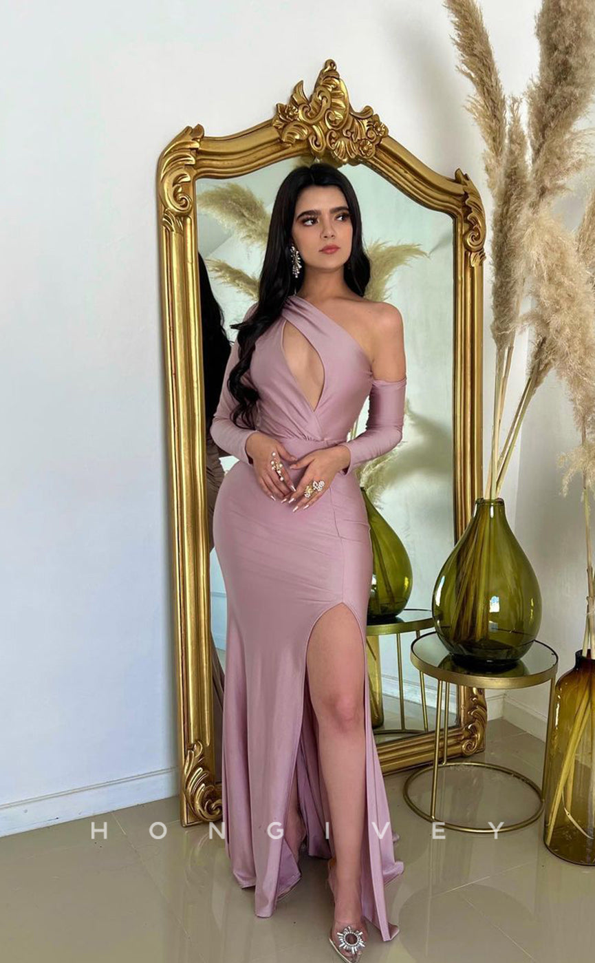 L1008 - Asymmetrical Sleeves Cutout With Train And Slit Evening Prom Formal Party Dress