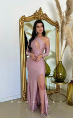 L1008 - Asymmetrical Sleeves Cutout With Train And Slit Evening Prom Formal Party Dress