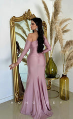 L1008 - Asymmetrical Sleeves Cutout With Train And Slit Evening Prom Formal Party Dress