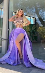 L1009 - Ornate Crystal Beaded Illusion With Train And Slit Evening Prom Formal Party Dress