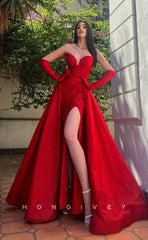 L1010 - Couture Sleeves Ruched With Train And Slit Evening Formal Party Prom Dress