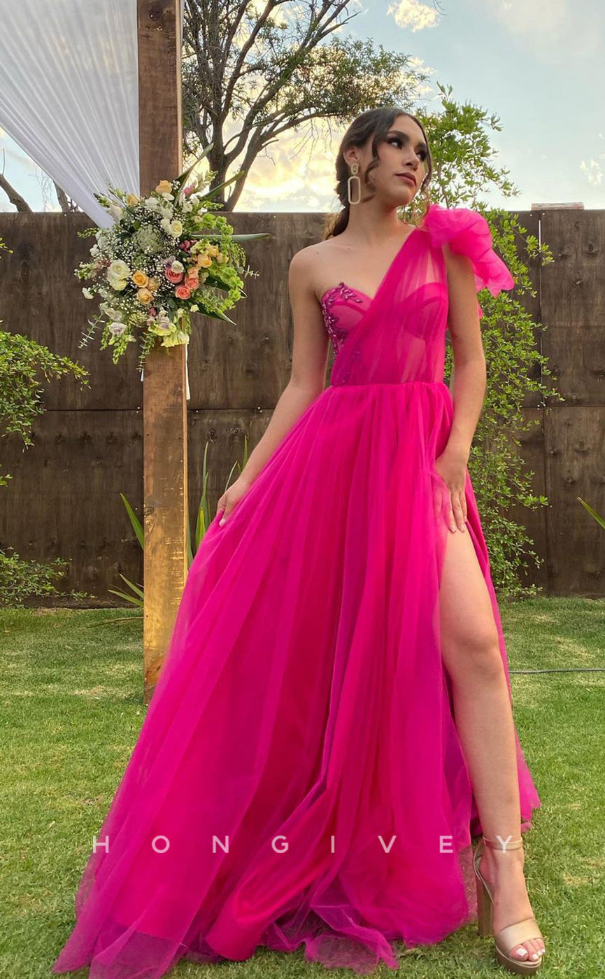 L1012 - Crystal Beaded One Shoulder Illusion With Train And Slit Formal Party Prom Evening Dress