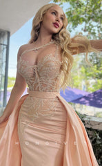 L1015 -Couture Lace Applique Illusion With Train Formal Party Prom Evening Dress