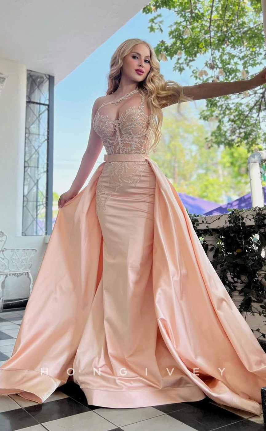 L1015 -Couture Lace Applique Illusion With Train Formal Party Prom Evening Dress