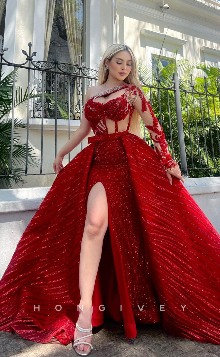 L1016 - Sparkly Rhinestone Asymmtrical Sleeve Illusion With Train And Slit Formal Party Prom Evening Dress