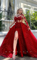 L1016 - Sparkly Rhinestone Asymmtrical Sleeve Illusion With Train And Slit Formal Party Prom Evening Dress
