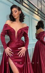 L1018 - Couture Plunging Illusion Sleeves With Train And Slit Formal Party Prom Evening Dress