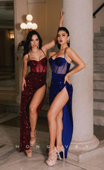 L0934 - Sexy Sheer High Slit Fully Sequined Halter Evening Prom Party Dress