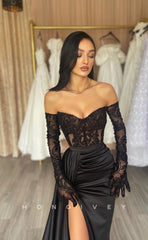 L0941 - Lace Applique sheer High Slit With Train Evening Party Prom Dress