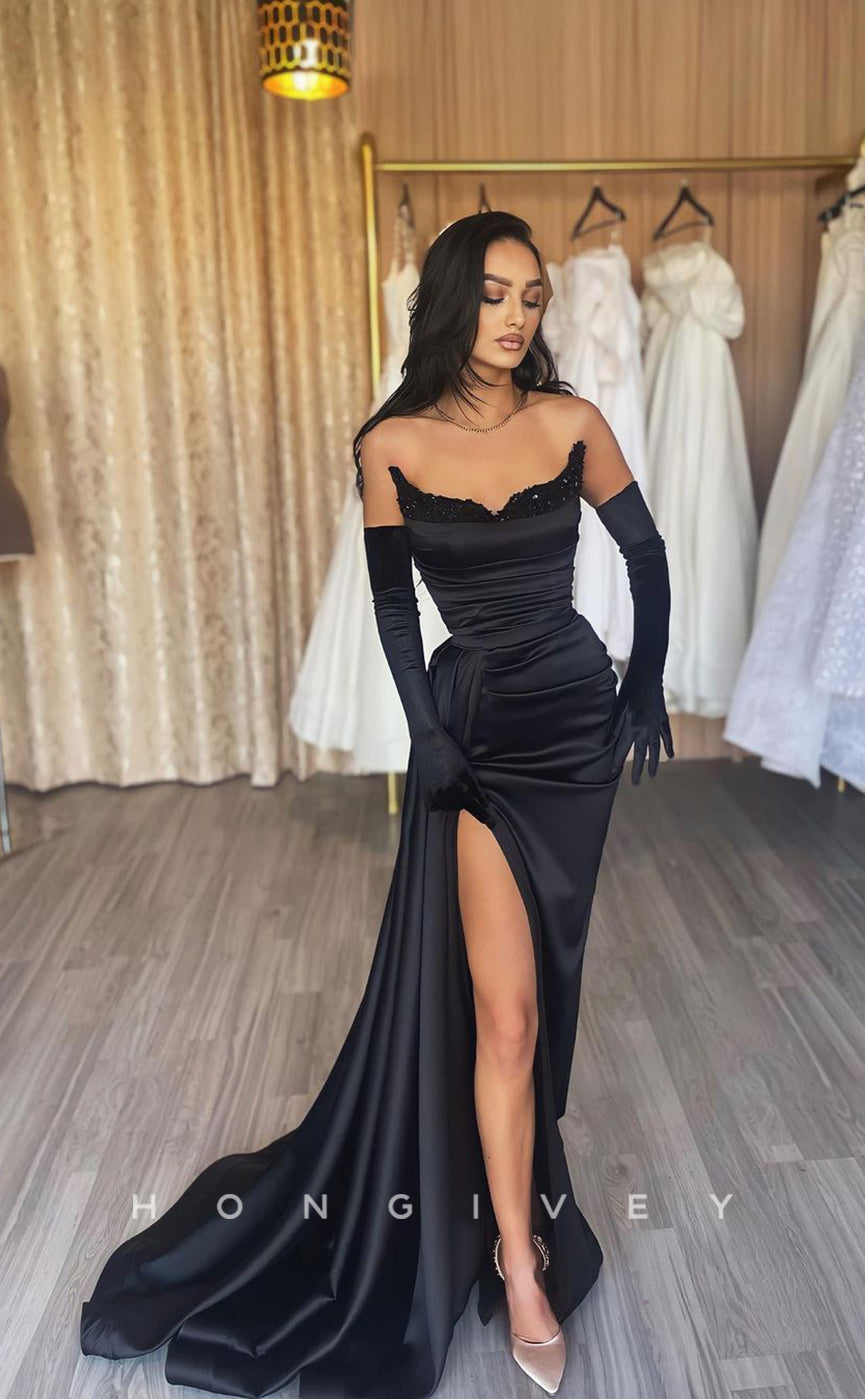 L0942 - Sparkly Lace  High Slit With Train Evening Party Prom Dress