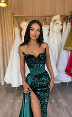 L0943 - Sequins Stain Paneled Sparkly High Slit With Train Party Evening  Prom Dress