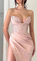 L0944 - Beaded Lace Sequins Sparkly High Slit With Train Party Evening  Prom Dress