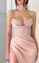 L0944 - Beaded Lace Sequins Sparkly High Slit With Train Party Evening  Prom Dress