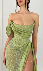 L0945 - Sheer Paneled Lace Sequins Sparkly High Slit With Train Party Evening  Prom Dress