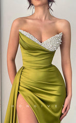 L0946 - Ormate Sheer Beaded Tube Top Paneled High Slit With Train  Evening Party Prom Dress