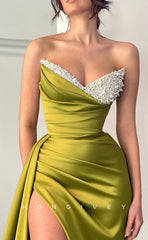 L0946 - Ormate Sheer Beaded Tube Top Paneled High Slit With Train  Evening Party Prom Dress