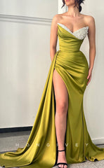 L0946 - Ormate Sheer Beaded Tube Top Paneled High Slit With Train  Evening Party Prom Dress
