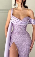 L0947 - Sequins Stain Paneled Sparkly High Slit With Train Party Evening  Prom Dress