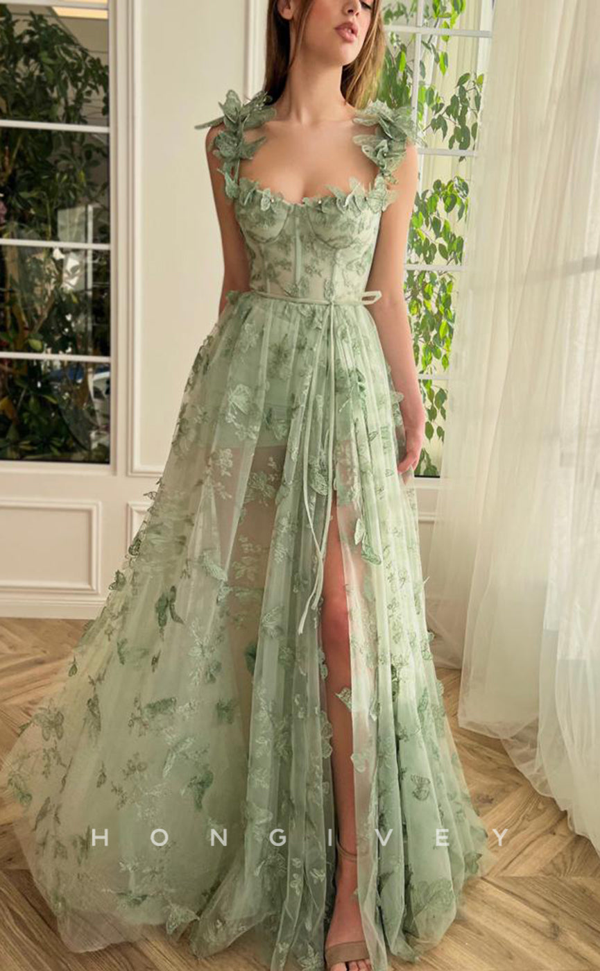 L0948 - Butterfly Applique Illusion High Slit With Train Evening Party Prom Dress